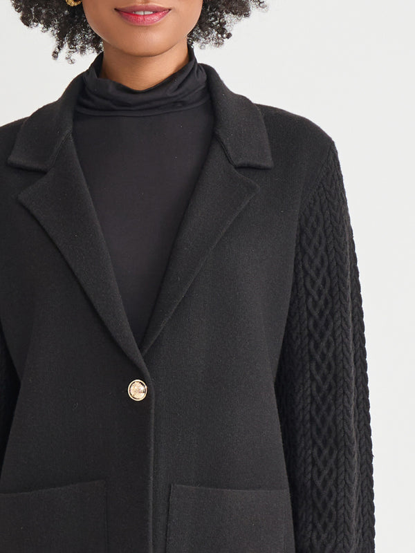 Jones New York Petite Notch Collar Cable Knit Sleeve Blazer