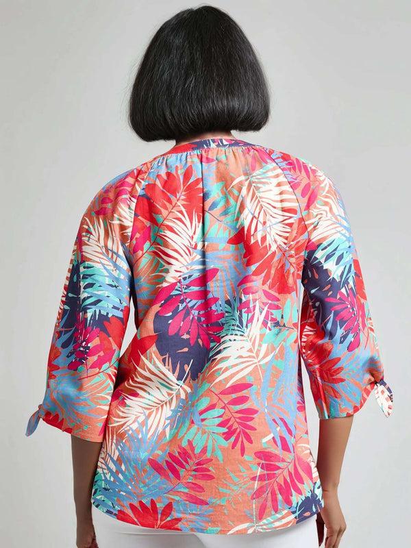 Jones New York Petite Print V-Neck Tie-Sleeve Blouse Linen Blend