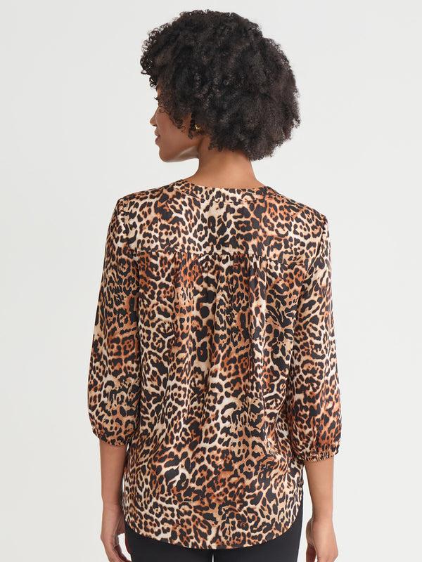 Jones New York Petite Printed V-Neck Pleated Kelly Blouse Satin