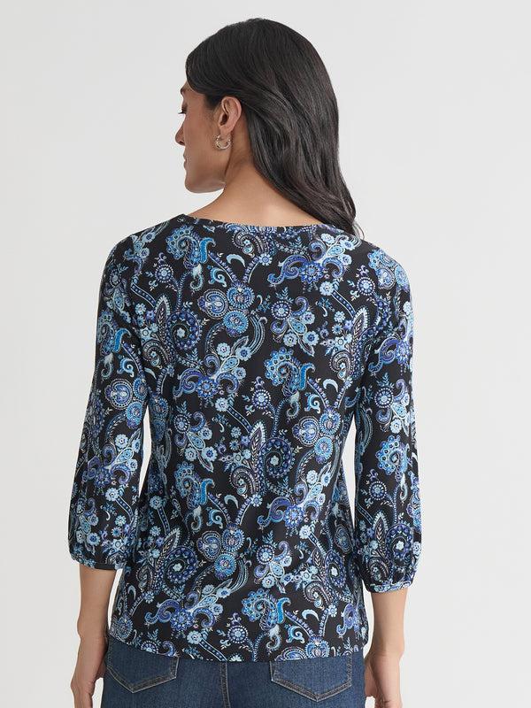 Jones New York Petite Puff Sleeve Crew Neck Printed Everyday Knit