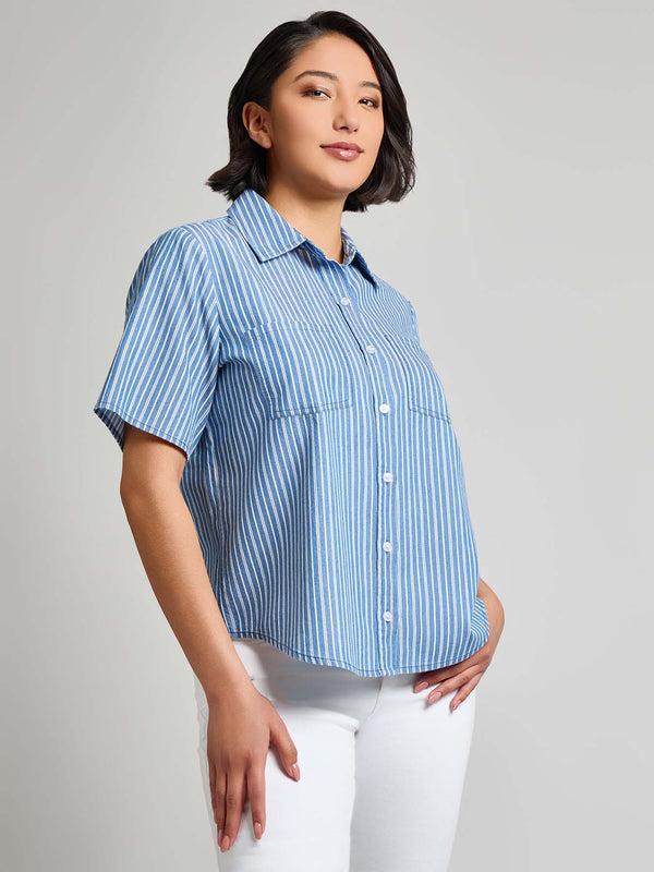 Jones New York Petite Short Sleeve Button Front Top Stripe Chambray