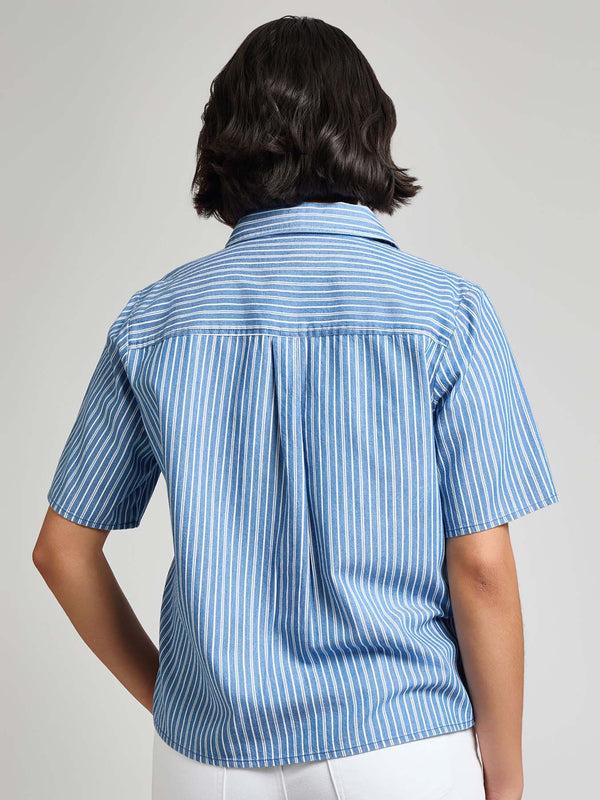 Jones New York Petite Short Sleeve Button Front Top Stripe Chambray