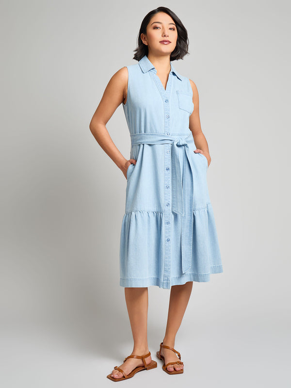 jones new york Petite Sleeveless Belted Dress Chambray
