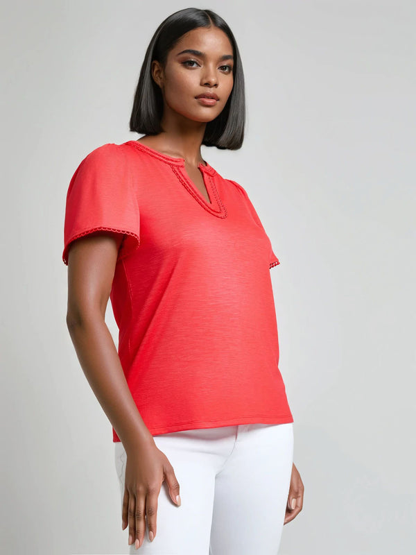 Jones New York Petite Split Neck Flutter Sleeve Top