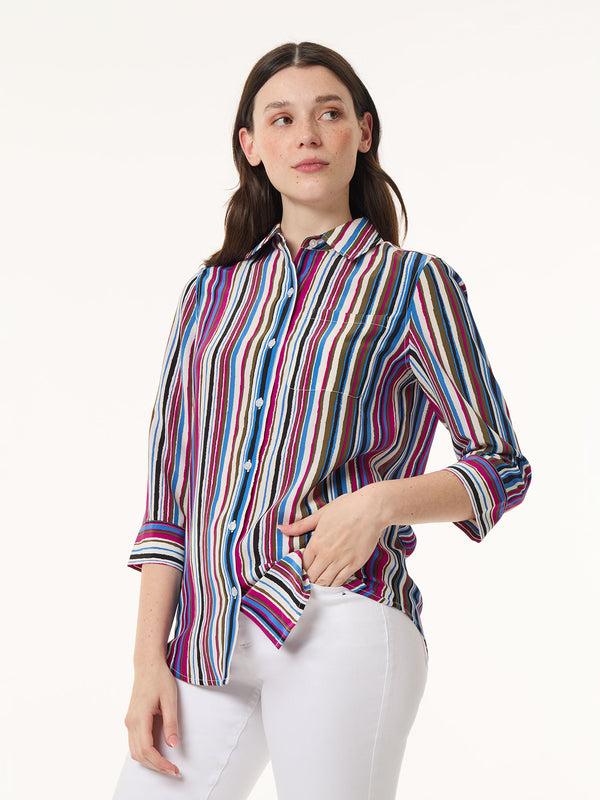jones new york Petite Striped Button Front Collared Shirt Crepe de Chine