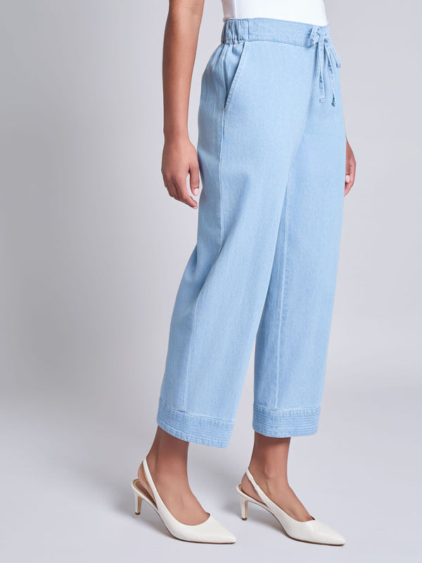 Jones New York Petite Tie Waist Stitch Hem Pant Chambray