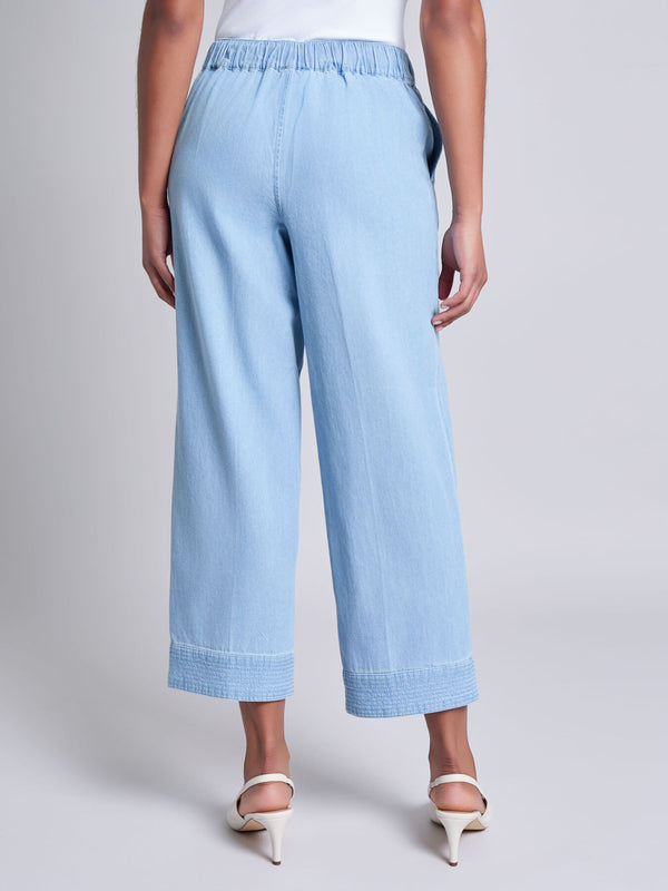 Jones New York Petite Tie Waist Stitch Hem Pant Chambray