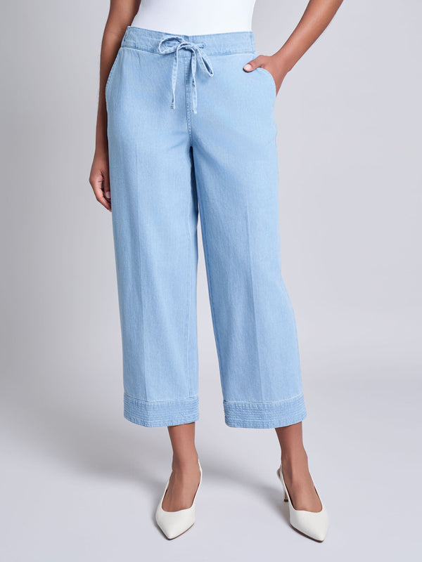 jones new york Petite Tie Waist Stitch Hem Pant Chambray