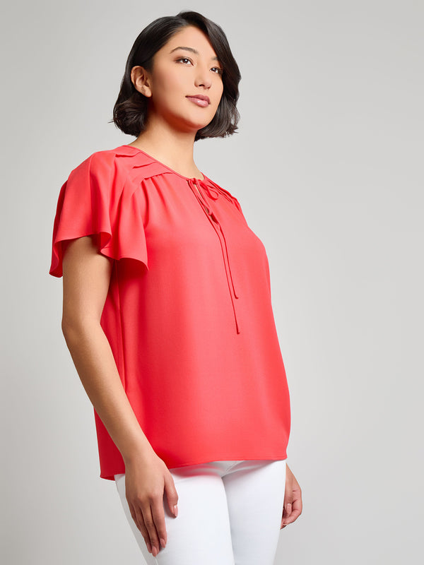 Jones New York Pleated Shoulder Flutter Sleeve Blouse Jasper Crepe