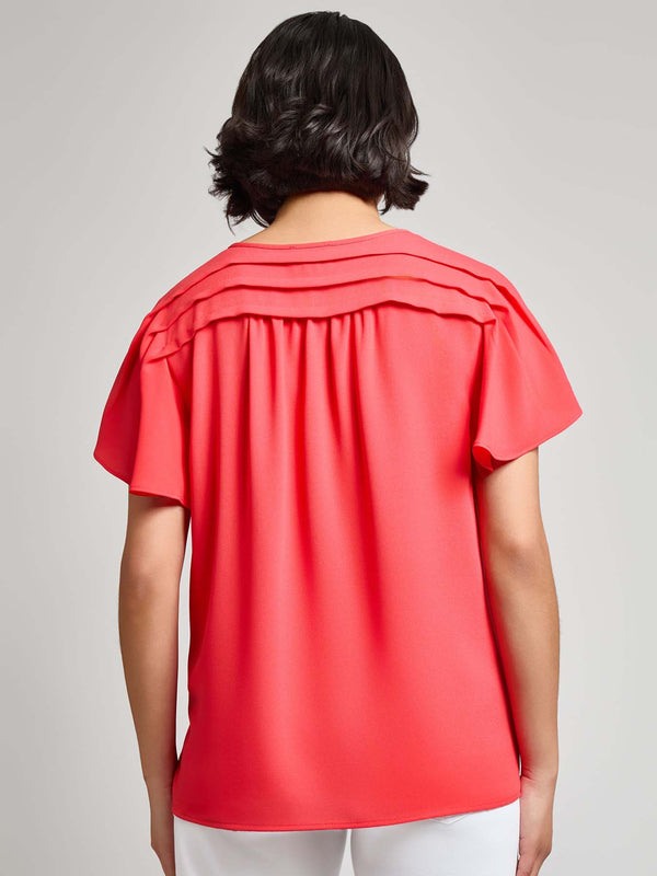 Jones New York Pleated Shoulder Flutter Sleeve Blouse Jasper Crepe