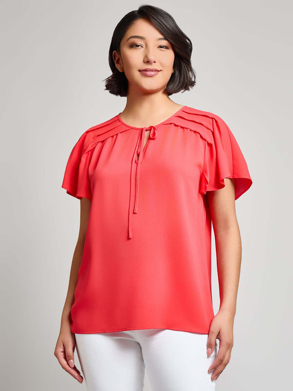 jones new york Pleated Shoulder Flutter Sleeve Blouse Jasper Crepe