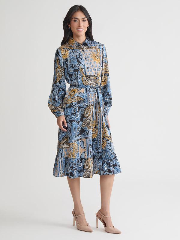 Jones New York Plus Long Sleeve Belted Shirt Dress Flat Satin