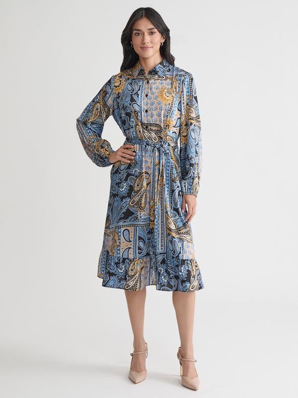 jones new york Plus Long Sleeve Belted Shirt Dress Flat Satin