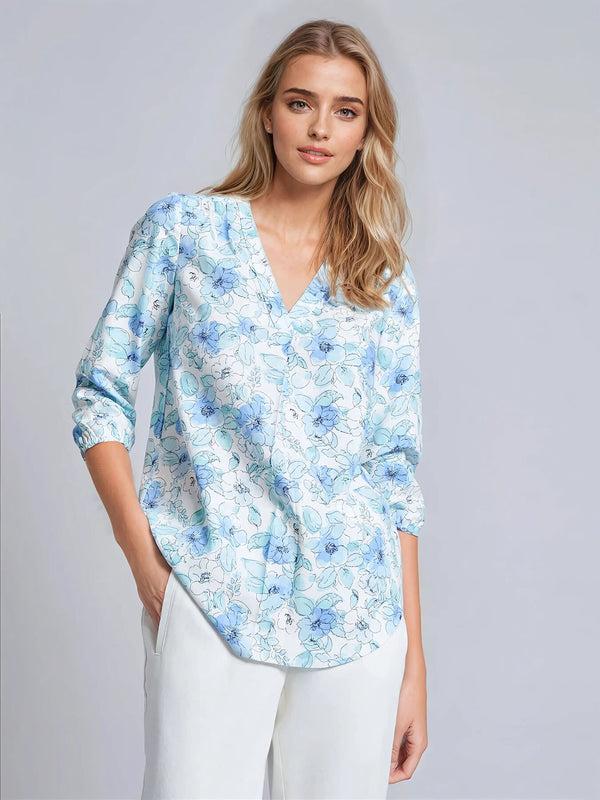 Jones New York Plus Print V-Neck Pleated Kelly Blouse Linen Blend