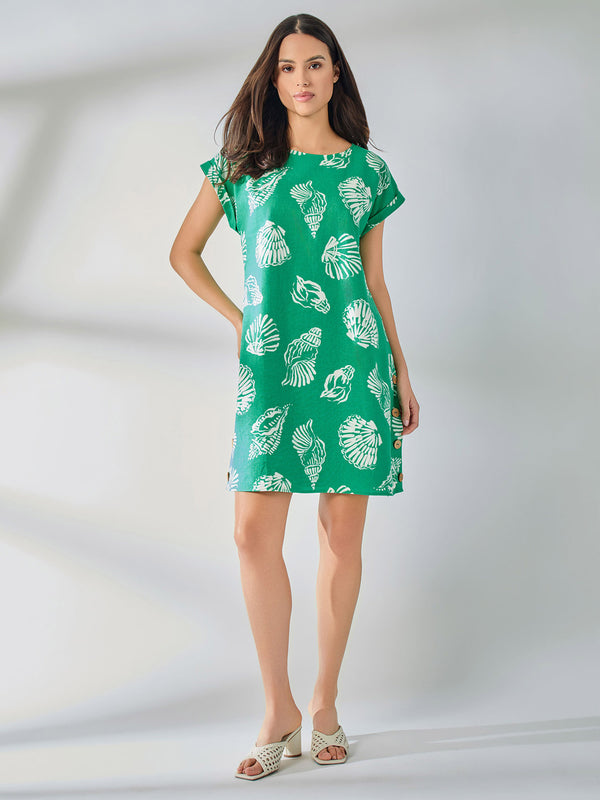 jones new york Plus Short Sleeve Side Button Swing Dress Linen Blend