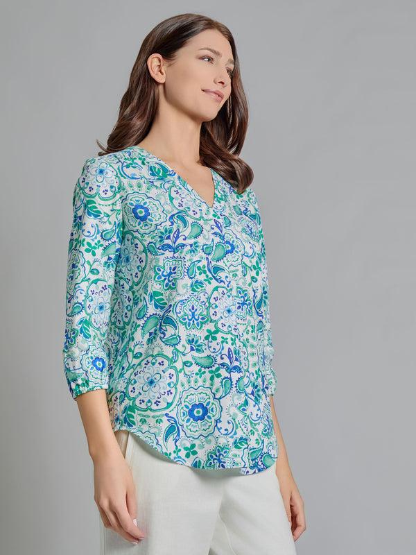 Jones New York Plus V-Neck Pleated Kelly Blouse Linen Blend