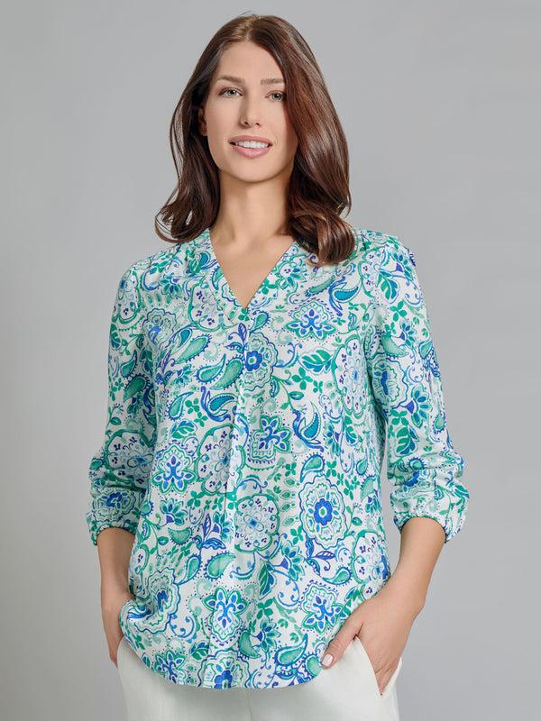 jones new york Plus V-Neck Pleated Kelly Blouse Linen Blend