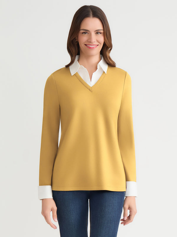 jones new york Plus V-Neck Twofer Serenity Knit Poplin