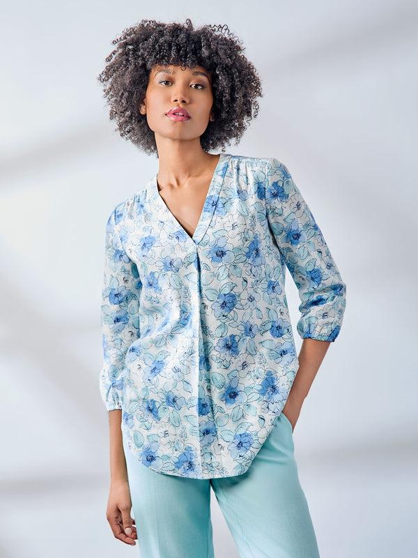 jones new york Print V-Neck Pleated Kelly Blouse Linen Blend