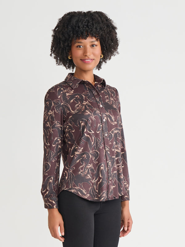 Jones New York Printed Button Front Shirt Faux Suede