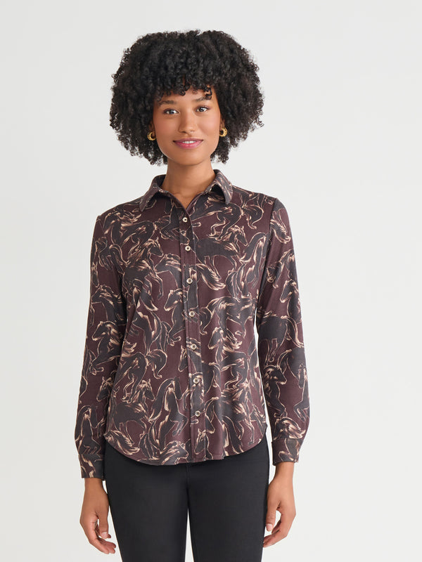 jones new york Printed Button Front Shirt Faux Suede