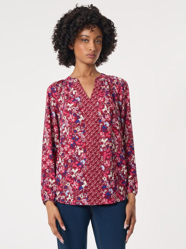 jones new york Printed Long Sleeve Raglan Blouse Crepe De Chine