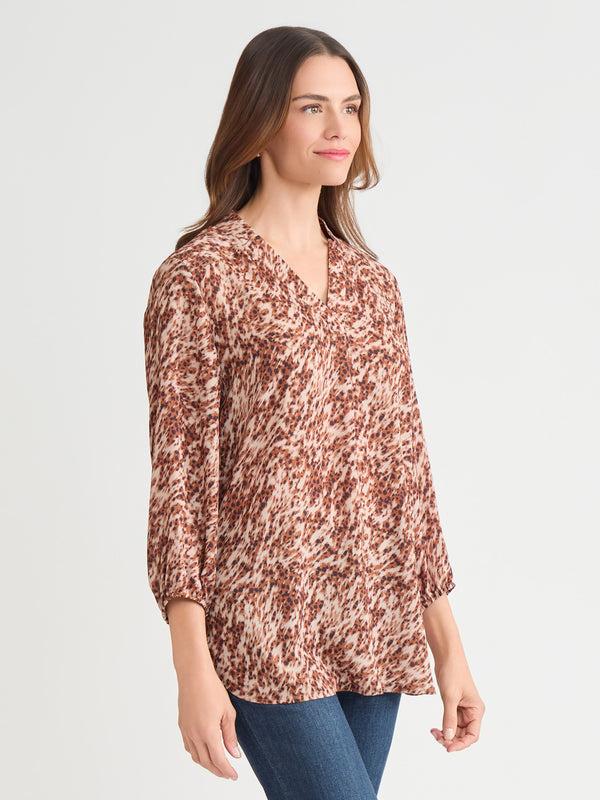 Jones New York Printed V-Neck Pleated Kelly Blouse Chiffon