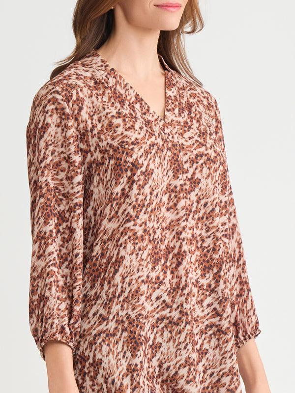 Jones New York Printed V-Neck Pleated Kelly Blouse Chiffon