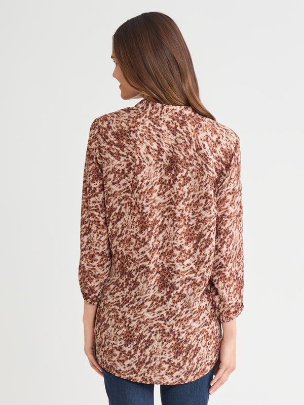 Jones New York Printed V-Neck Pleated Kelly Blouse Chiffon
