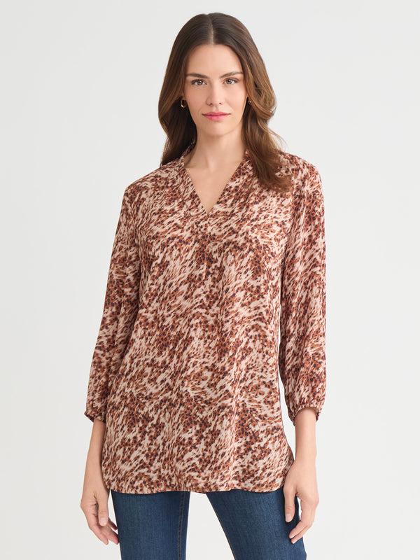 jones new york Printed V-Neck Pleated Kelly Blouse Chiffon