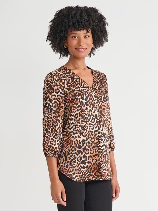 Jones New York Printed V-Neck Pleated Kelly Blouse Satin
