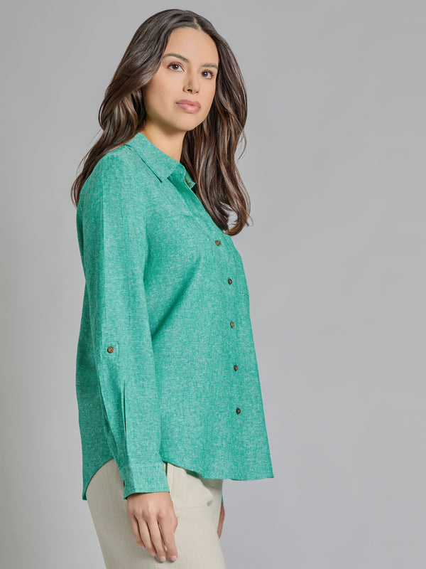 Jones New York Roll-Tab Button-Front Blouse Linen Blend