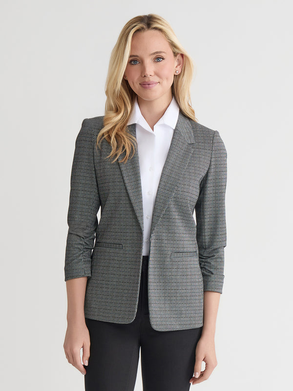 Jones New York Rouched Sleeve Notch Collar Jacket Check Jacquard