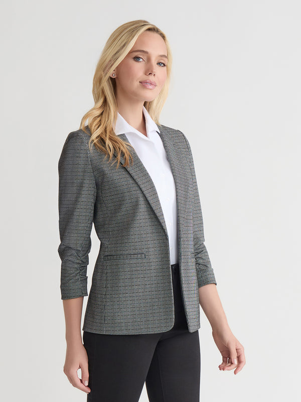 Jones New York Rouched Sleeve Notch Collar Jacket Check Jacquard