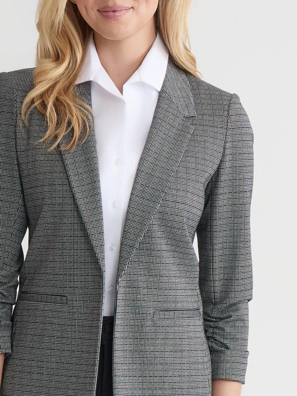 Jones New York Rouched Sleeve Notch Collar Jacket Check Jacquard