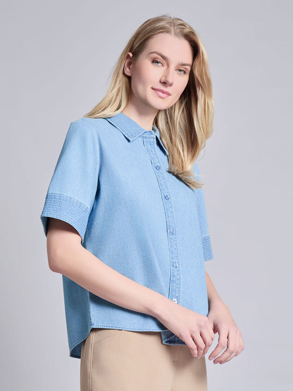 Jones New York Short Sleeve Button Front Top Chambray
