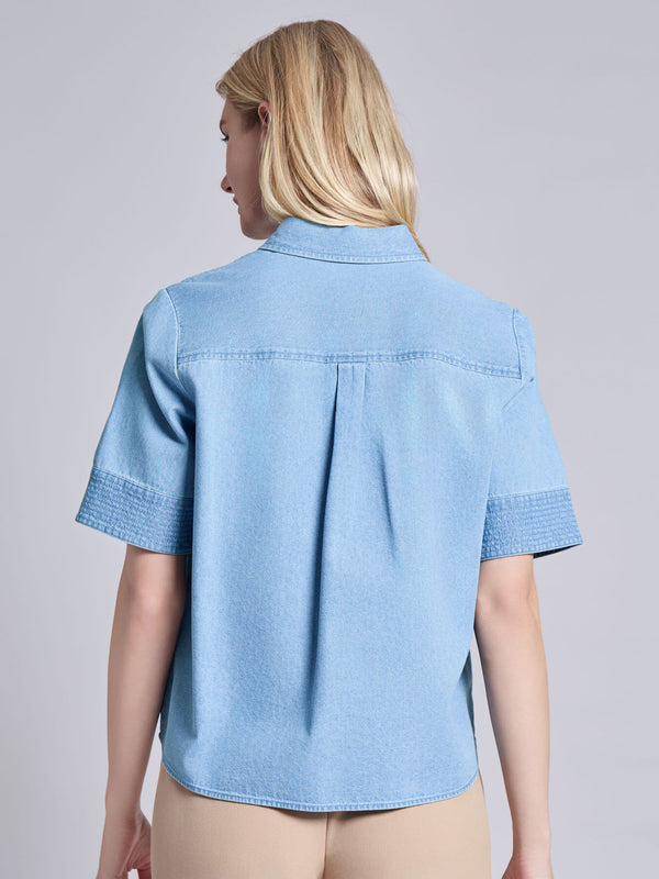 Jones New York Short Sleeve Button Front Top Chambray