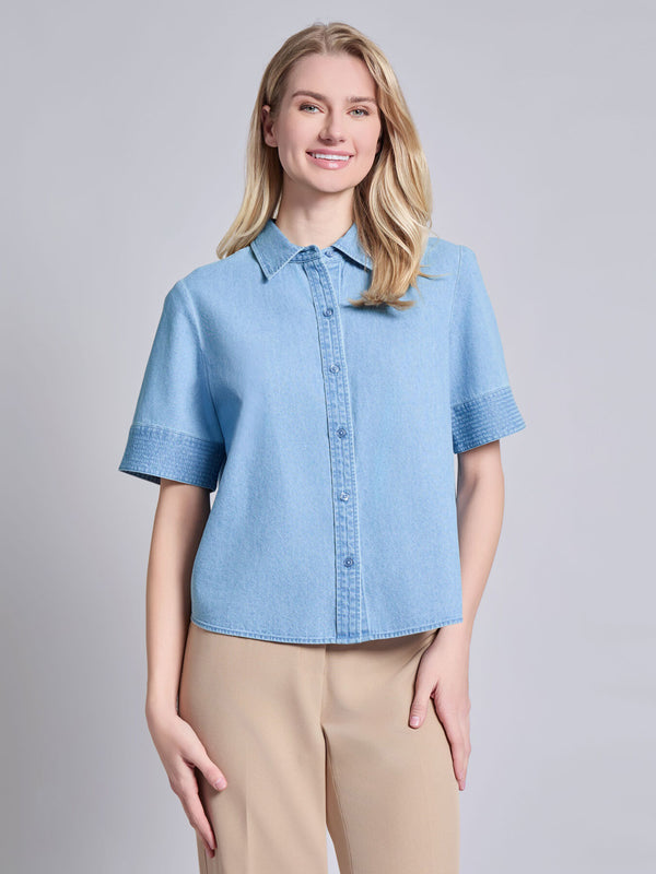 jones new york Short Sleeve Button Front Top Chambray