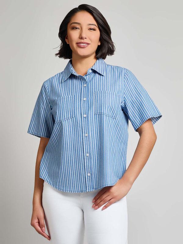 jones new york Short Sleeve Button Front Top Stripe Chambray