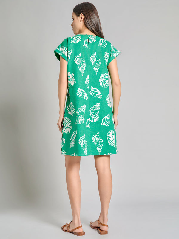 Jones New York Short Sleeve Side Button Swing Dress Linen Blend