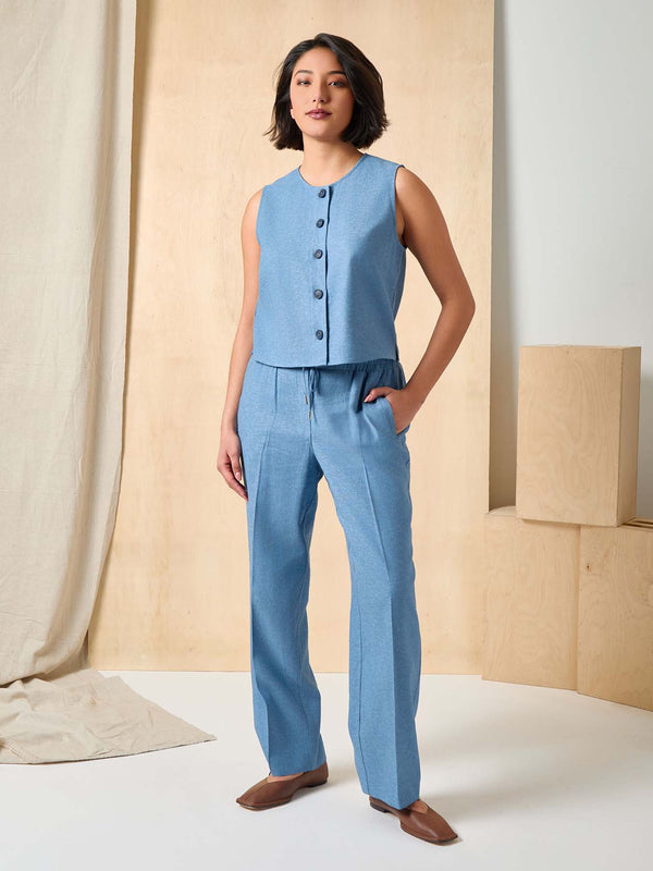 Jones New York Sleeveless Button Front Top Crossdye Linen Blend