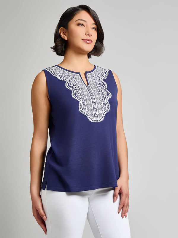 Jones New York Sleeveless Split Neck Embroidered Tank