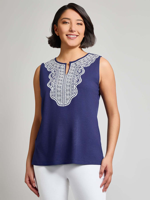 jones new york Sleeveless Split Neck Embroidered Tank