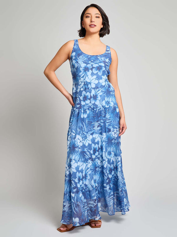 jones new york Sleeveless Tiered Maxi Dress Printed Chiffon Yoryu