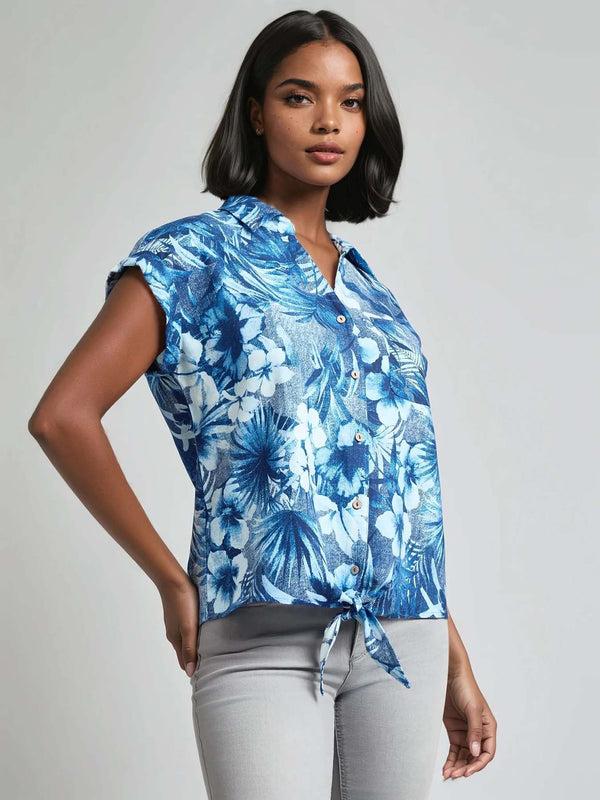 Jones New York Tie-Front Button-Front Blouse Printed Cotton