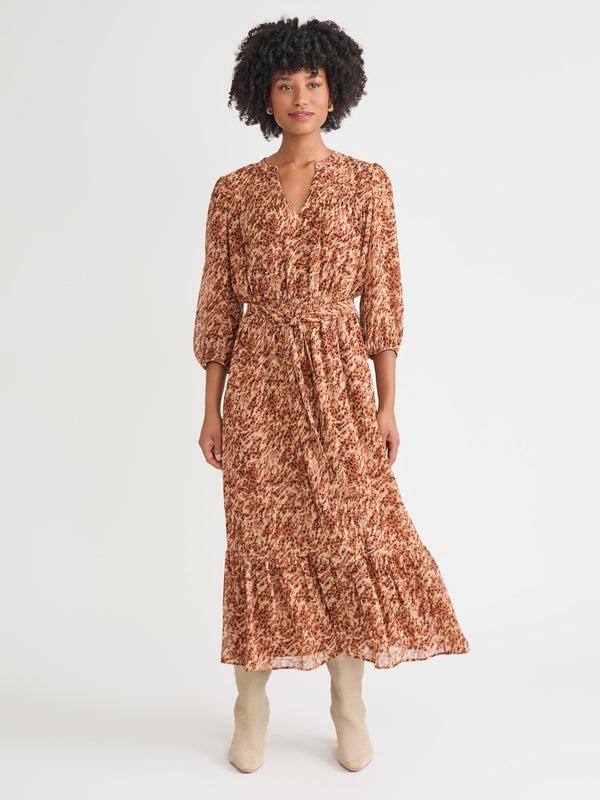 Jones New York V-Neck Belted Maxi Dress Printed Chiffon