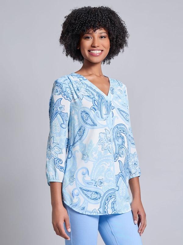 Jones New York V-Neck Pleated Kelly Blouse Crepe De Chine