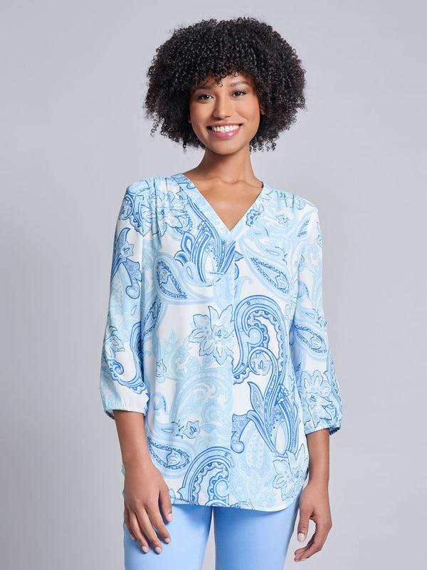 jones new york V-Neck Pleated Kelly Blouse Crepe De Chine