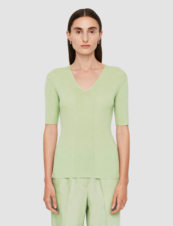 Joseph Fine Merino Rib V Neck Top Matcha