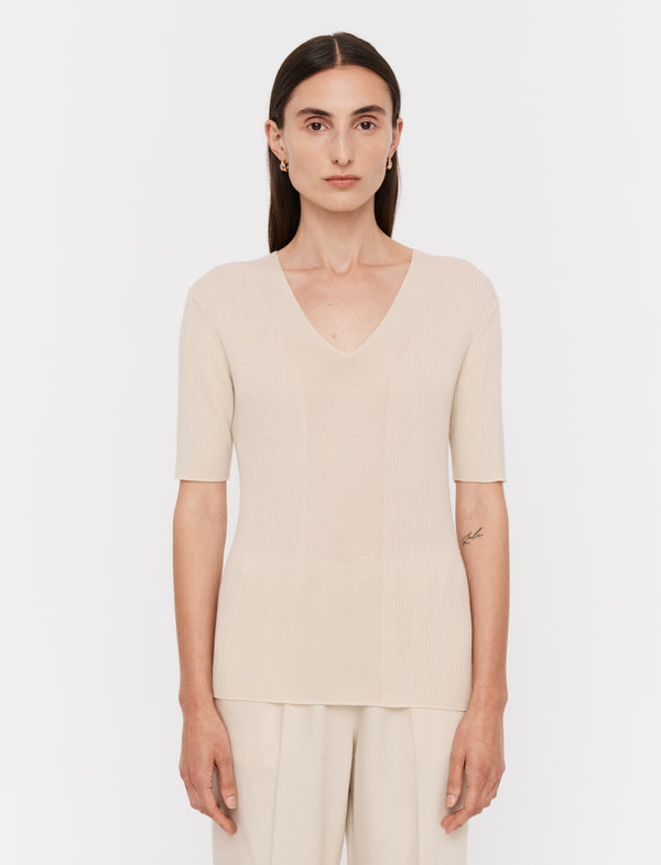 Joseph Fine Merino Rib V Neck Top Quail